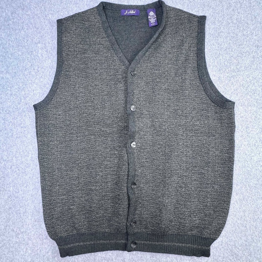 J Ashford 100%‎ Merino Wool Sweater Vest Mens Sz L Grey Button Up Academia